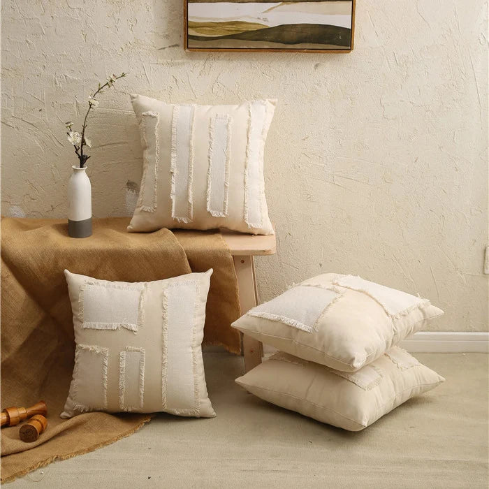 Pillow Cover Linen-Blend Fringed Patchwork Concealed Zipper