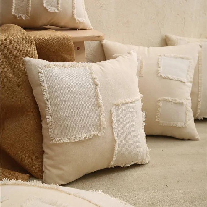 Pillow Cover Linen-Blend Fringed Patchwork Concealed Zipper