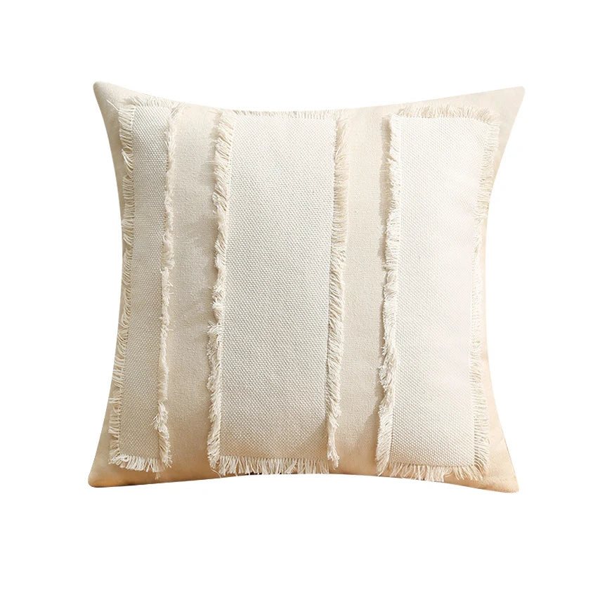 Pillow Cover Linen-Blend Fringed Patchwork Concealed Zipper