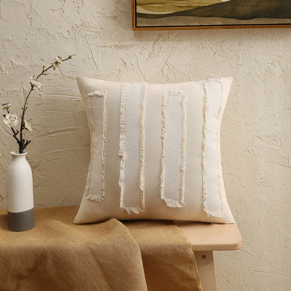Pillow Cover Linen-Blend Fringed Patchwork Concealed Zipper