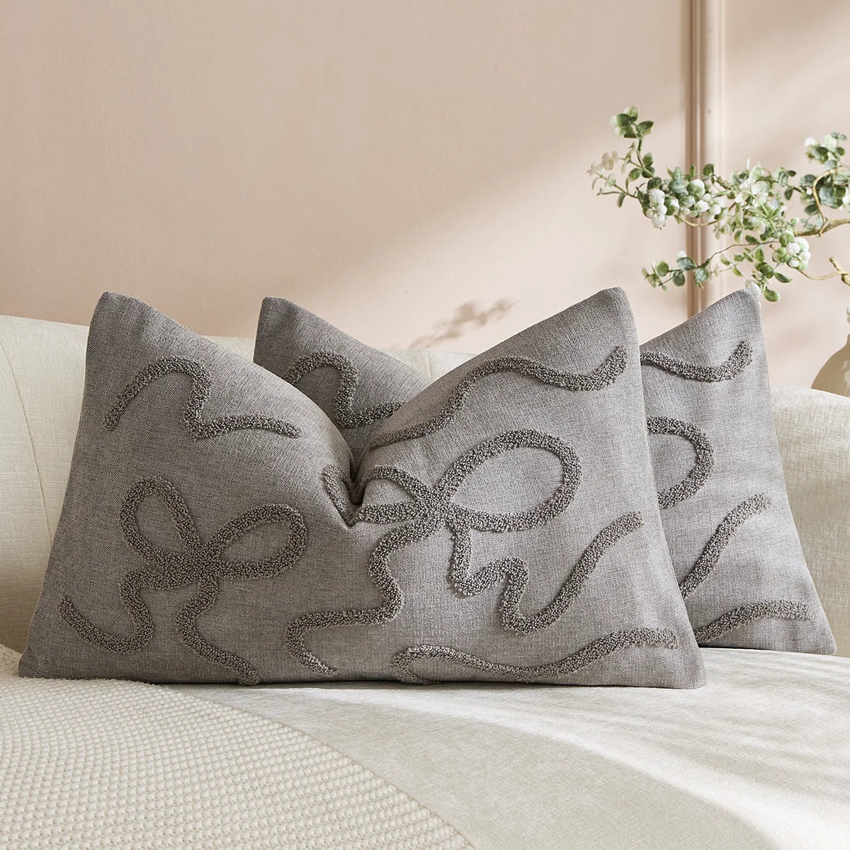 Pillow Cover Linen-Blend Raised Chenille Applique Hidden Zipper