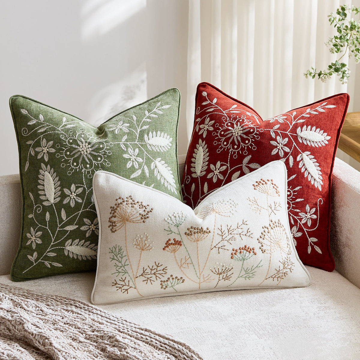 Pillow Cover Linen-Blend Raised Floral Embroidery Piped Edge