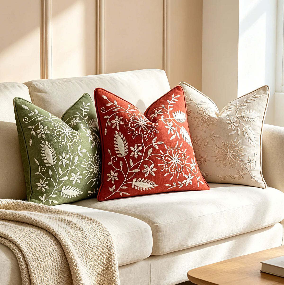 Pillow Cover Linen-Blend Raised Floral Embroidery Piped Edge