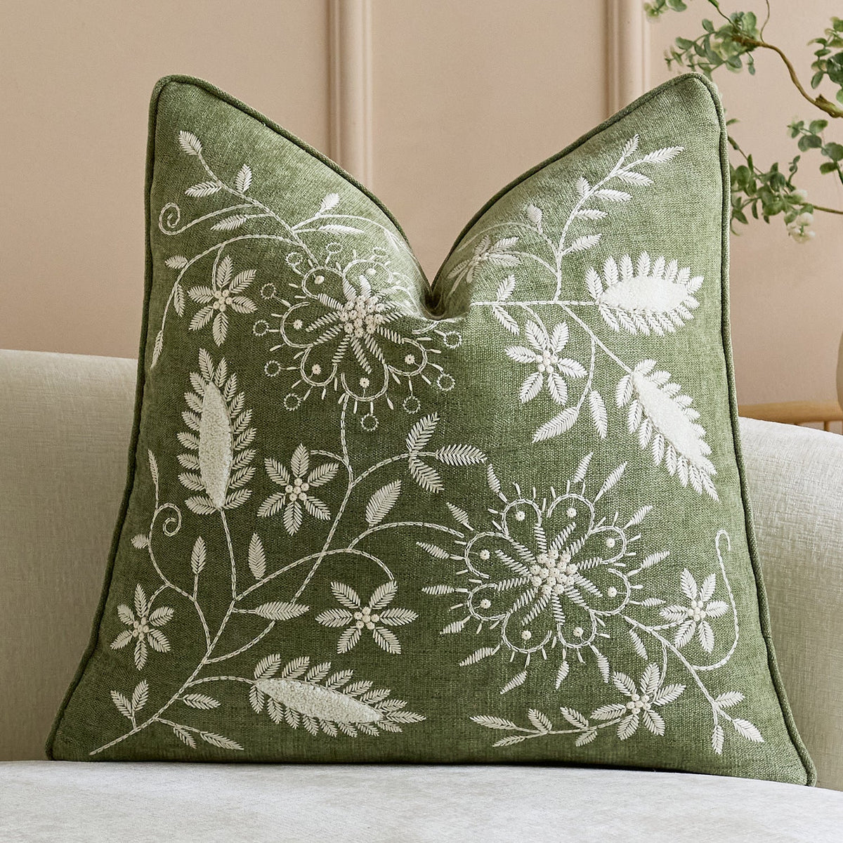 Pillow Cover Linen-Blend Raised Floral Embroidery Piped Edge