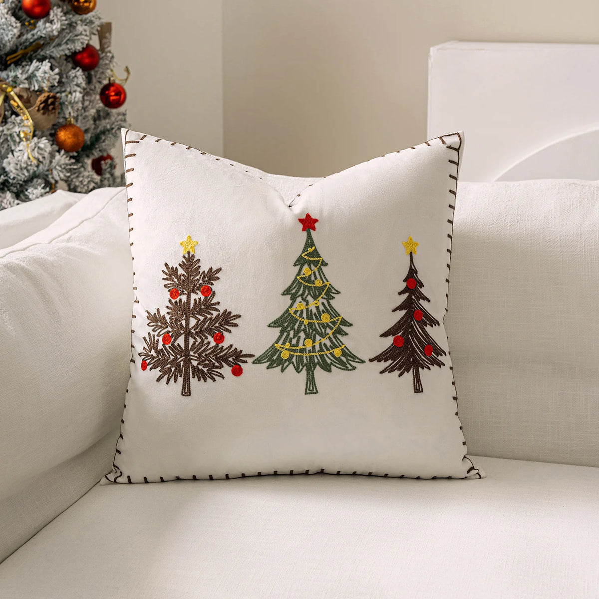 Pillow Cover Plush Velvet & Hand-Stitched Trees Hidden Zipper