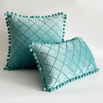 Pillow Cover Plush Velvet Raised Grid Tufting Pom-Pom Trim