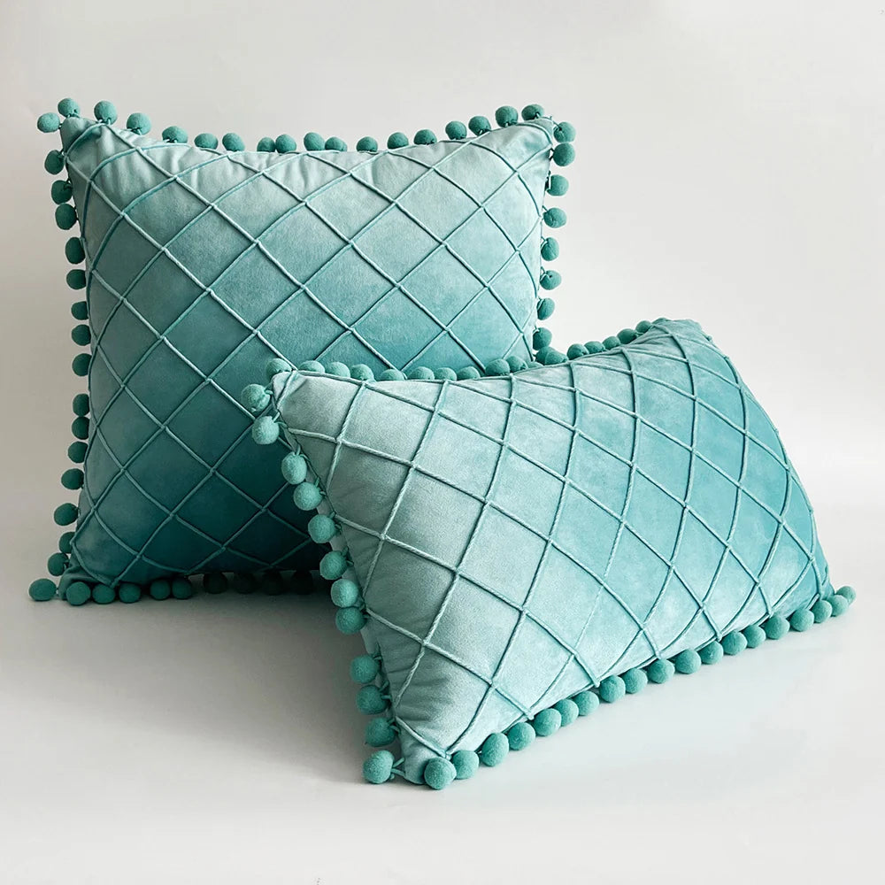 Pillow Cover Plush Velvet Raised Grid Tufting Pom-Pom Trim