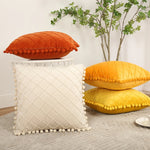 Pillow Cover Plush Velvet Raised Grid Tufting Pom-Pom Trim