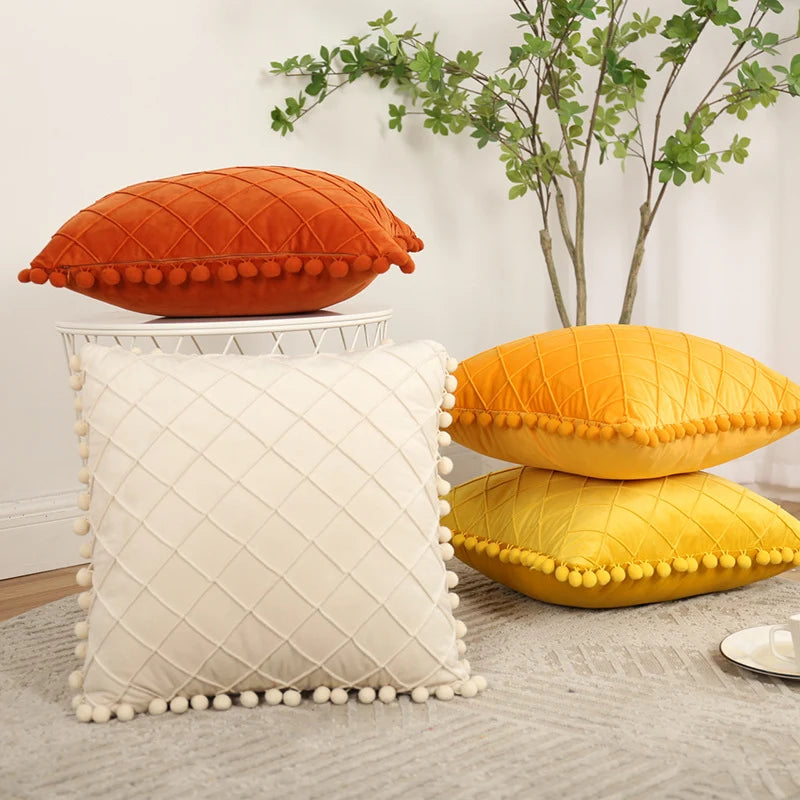 Pillow Cover Plush Velvet Raised Grid Tufting Pom-Pom Trim