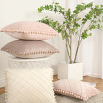 Pillow Cover Plush Velvet Raised Grid Tufting Pom-Pom Trim