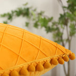 Pillow Cover Plush Velvet Raised Grid Tufting Pom-Pom Trim