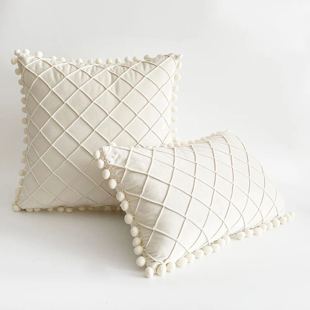 Pillow Cover Plush Velvet Raised Grid Tufting Pom-Pom Trim