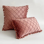 Pillow Cover Plush Velvet Raised Grid Tufting Pom-Pom Trim
