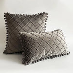 Pillow Cover Plush Velvet Raised Grid Tufting Pom-Pom Trim