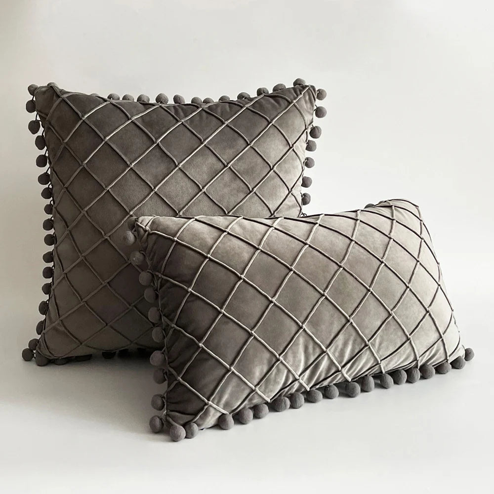 Pillow Cover Plush Velvet Raised Grid Tufting Pom-Pom Trim