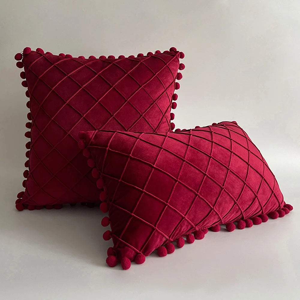 Pillow Cover Plush Velvet Raised Grid Tufting Pom-Pom Trim