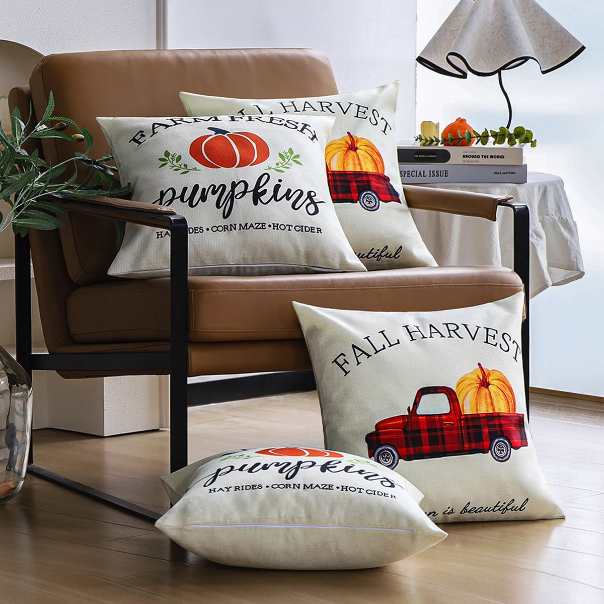 Pillow Cover Pumpkin Print Linen Blend Concealed Zipper