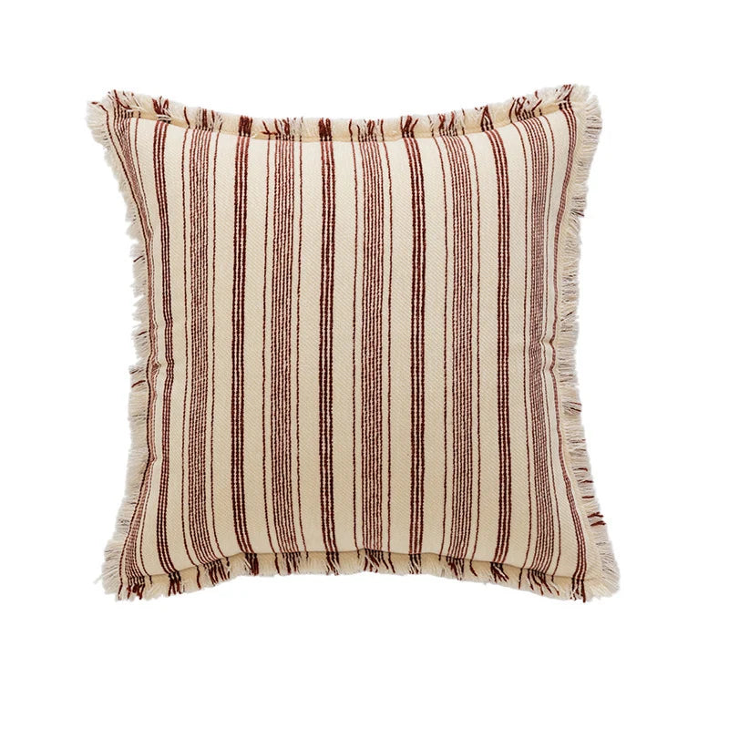 Pillow Cover Striped Cotton Fringed Edge Concealed Zipper
