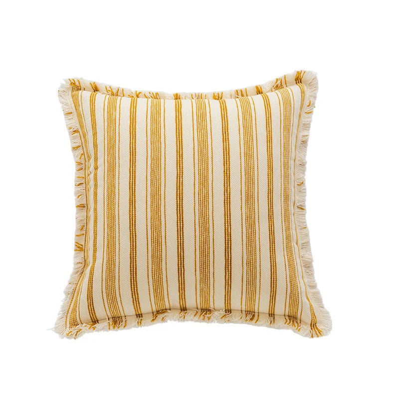 Pillow Cover Striped Cotton Fringed Edge Concealed Zipper