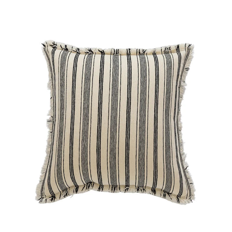 Pillow Cover Striped Cotton Fringed Edge Concealed Zipper