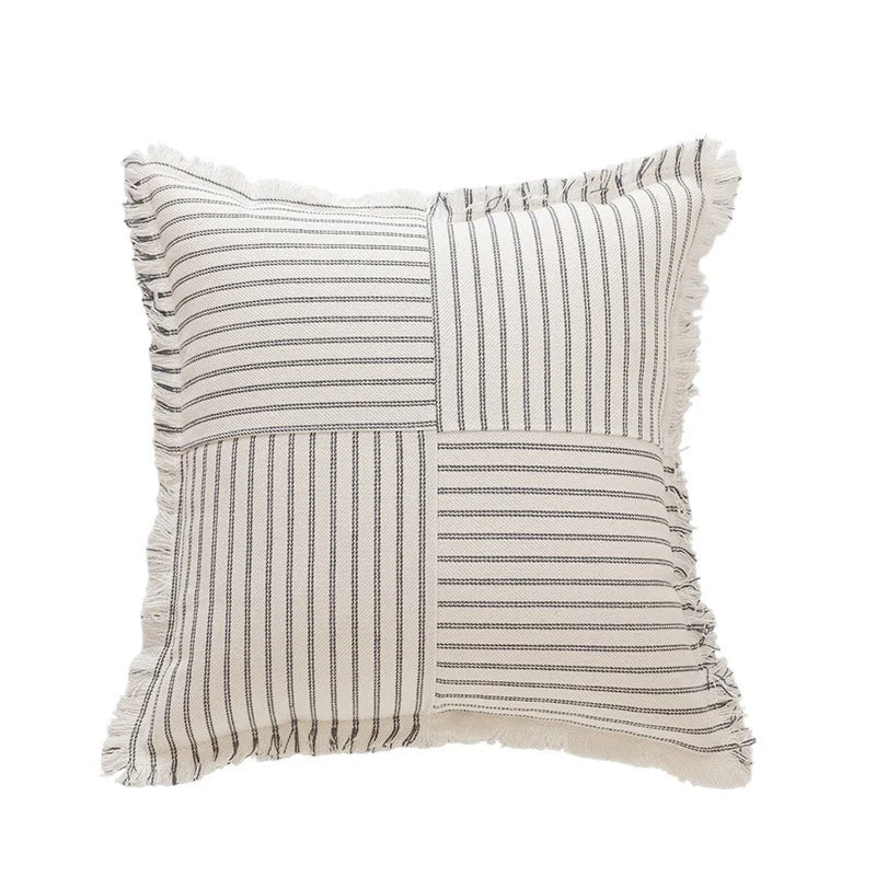 Pillow Cover Striped Cotton Fringed Edge Concealed Zipper
