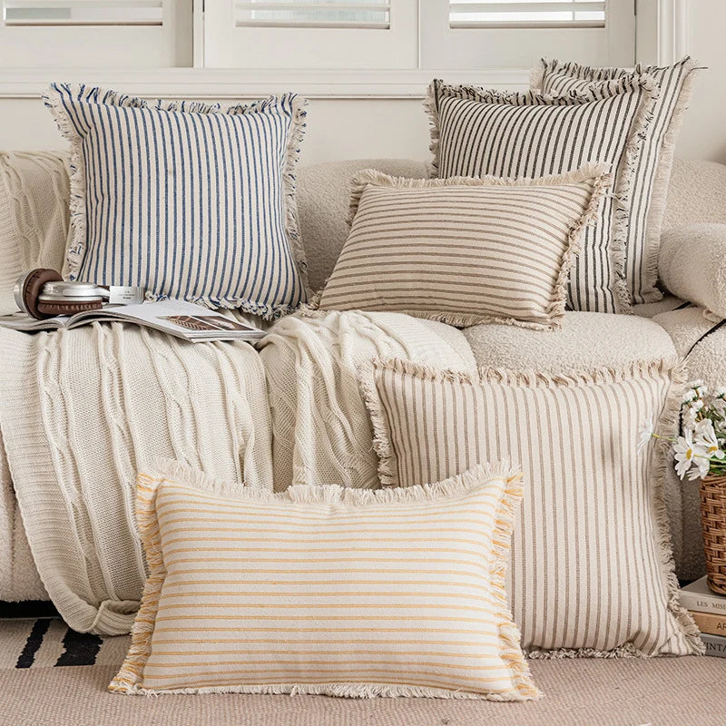 Pillow Cover Striped Cotton Fringed Edge Concealed Zipper