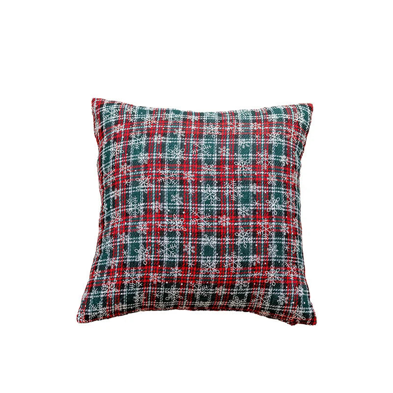 Pillow Cover Tartan Plaid & Embroidered Snowflake Hidden Zipper
