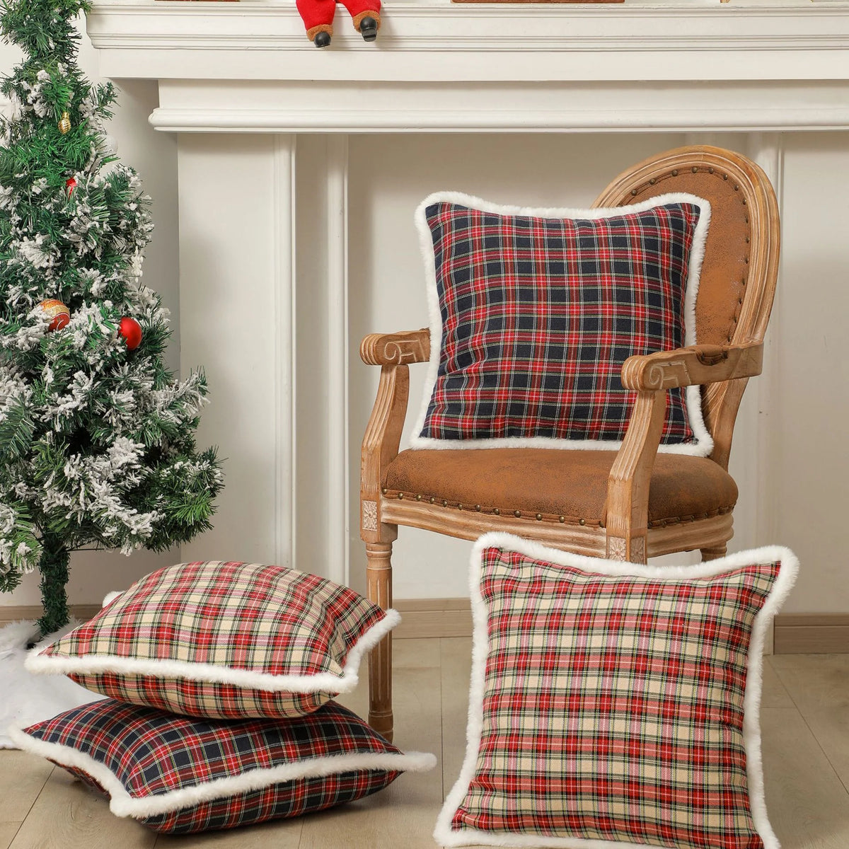Pillow Cover Tartan Plaid & Embroidered Snowflake Hidden Zipper