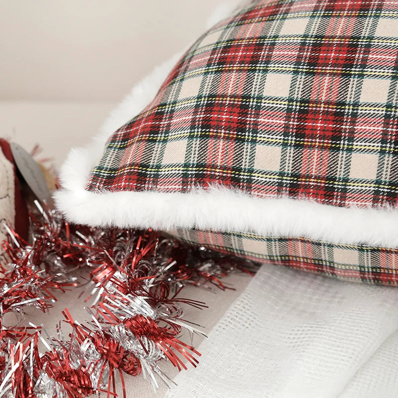Pillow Cover Tartan Plaid & Embroidered Snowflake Hidden Zipper