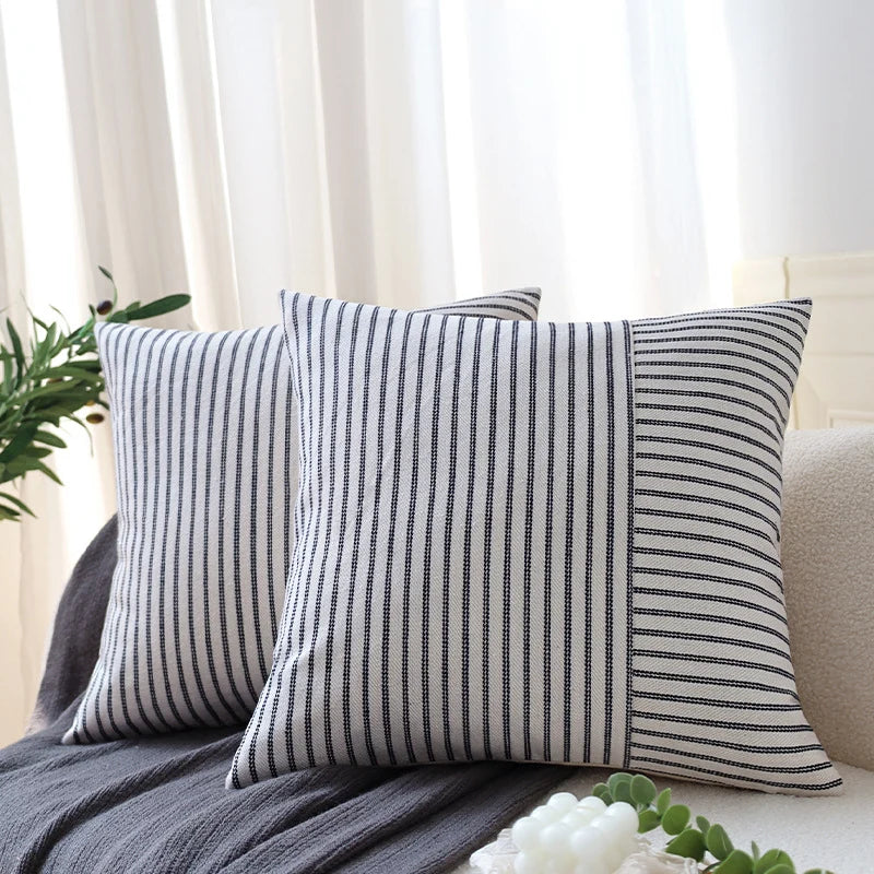 Pillow Cover Textured Woven Stripe Cotton Blend Concealed Zipper