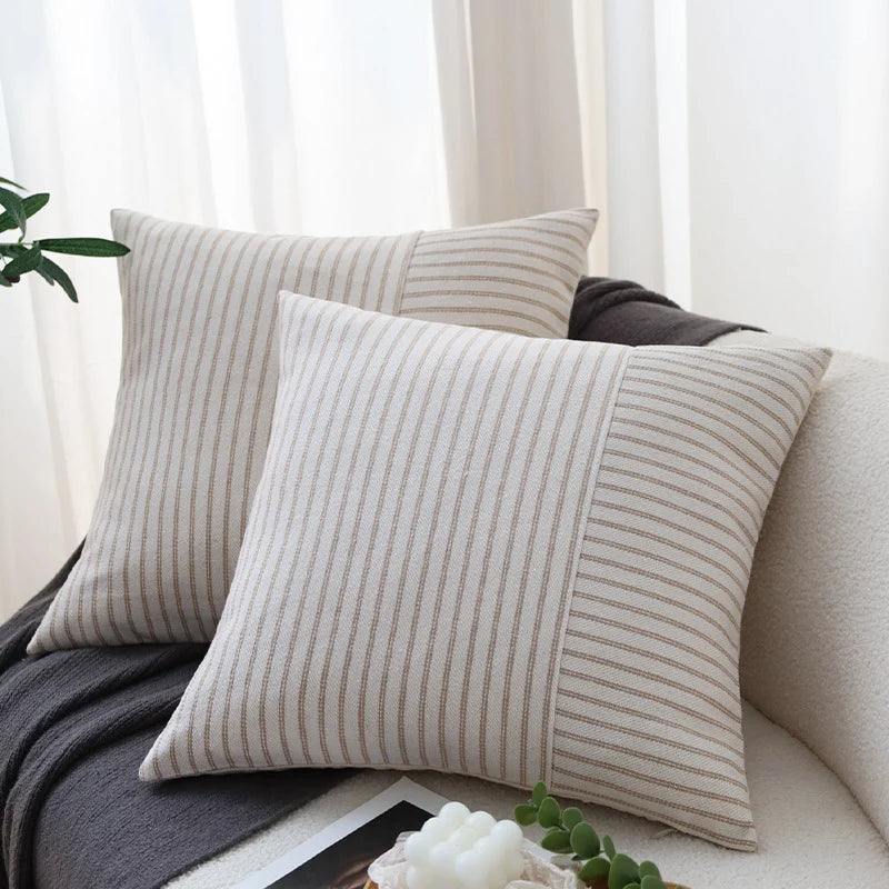 Pillow Cover Textured Woven Stripe Cotton Blend Concealed Zipper