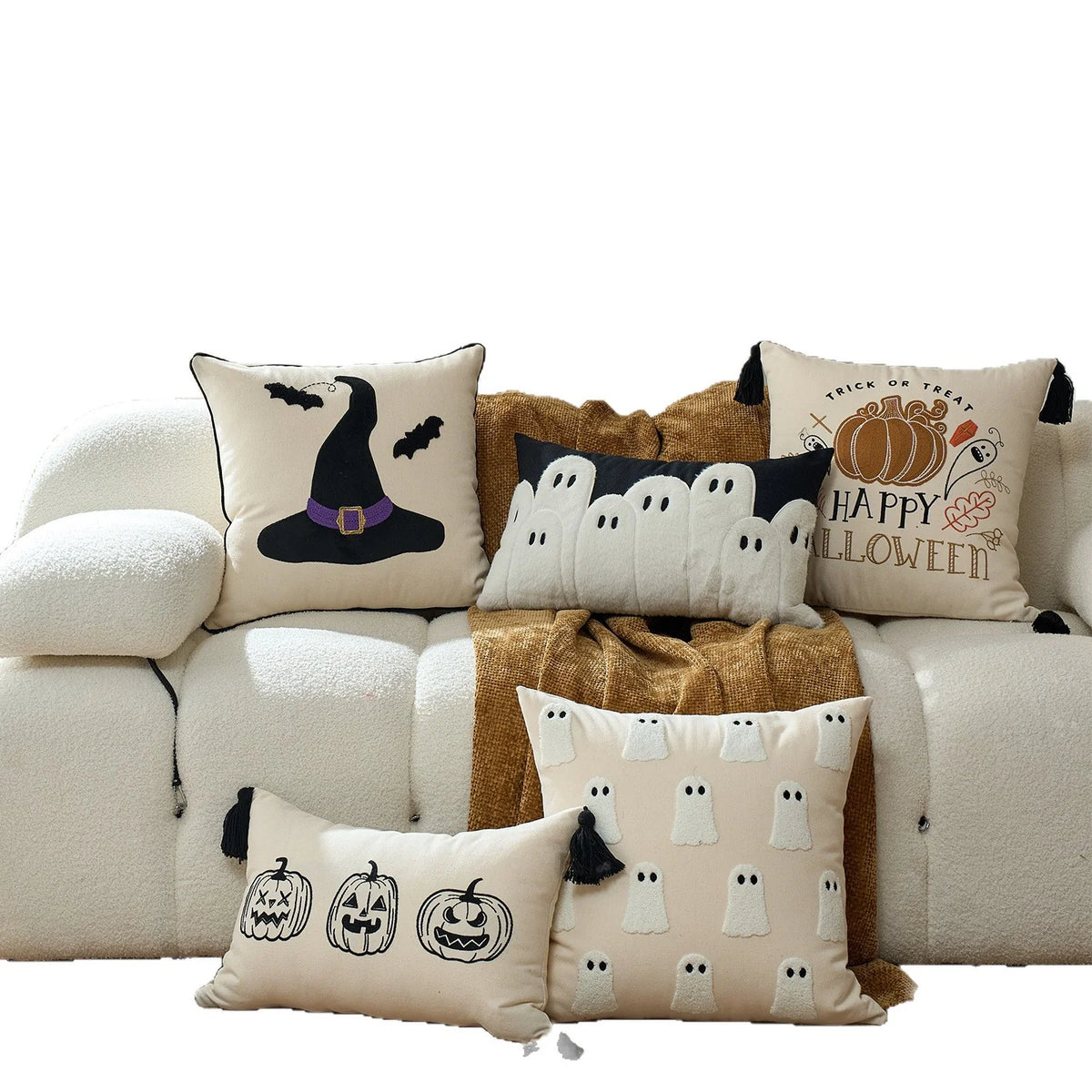 Pillow Cover Tufted Bouclé Appliqué Cotton-Linen Hidden Zipper