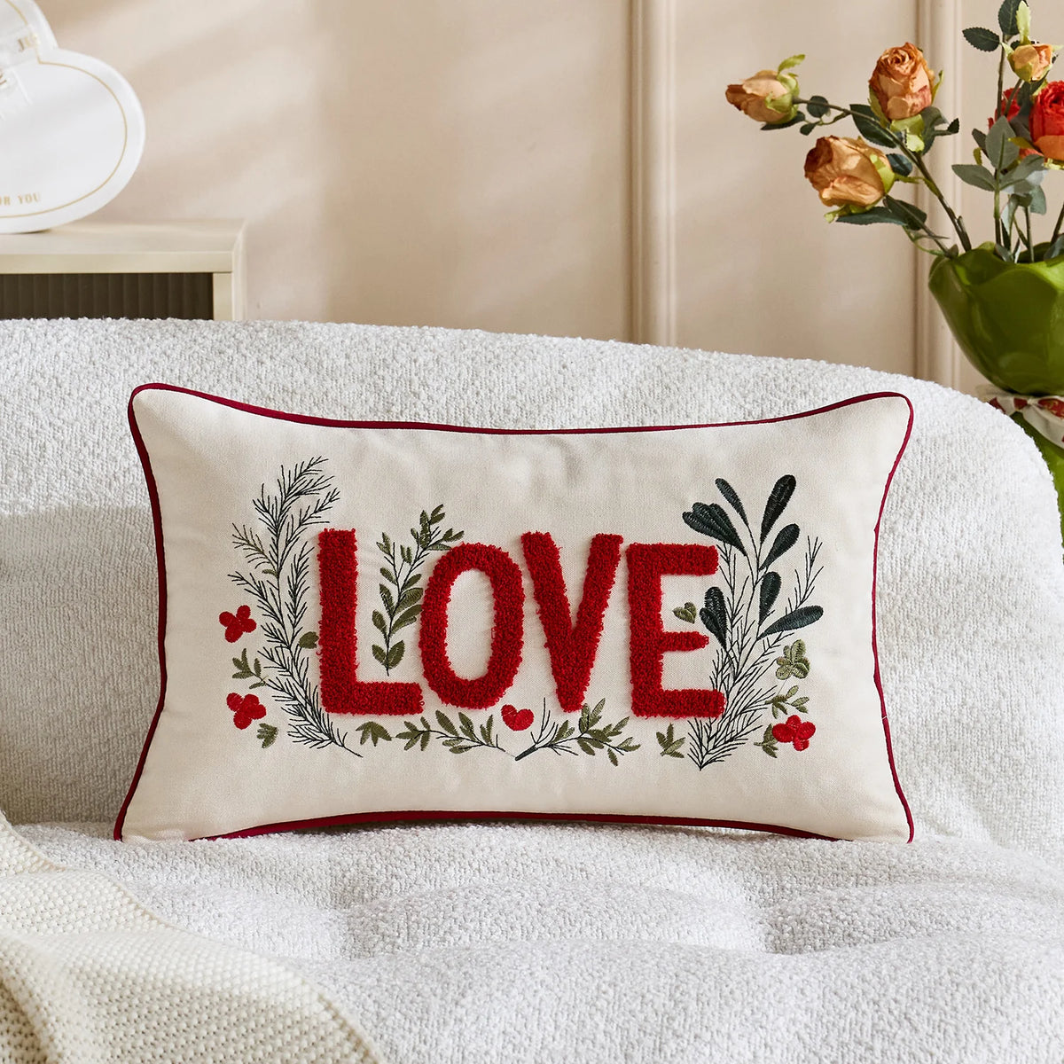 Pillow Cover Tufted Chenille & Botanical Embroidery