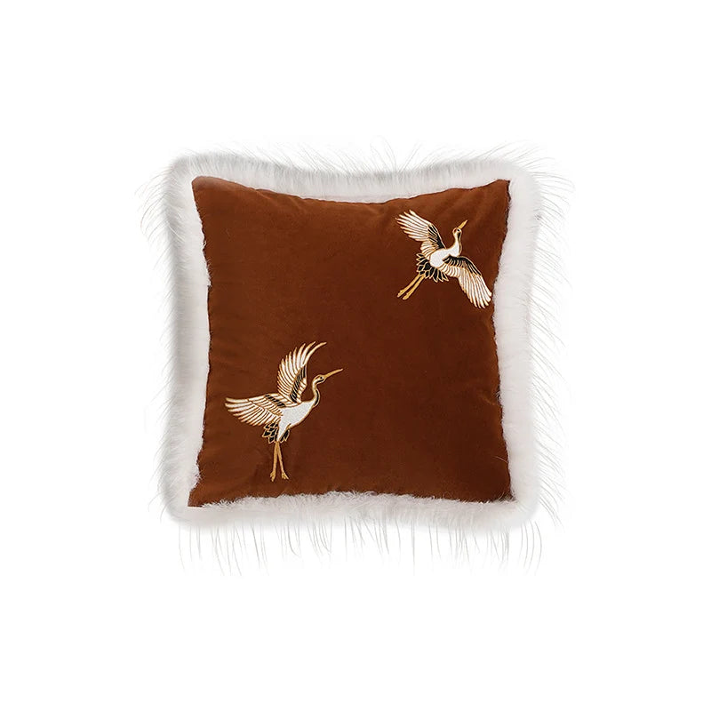 Pillow Cover Velvet Crane Embroidery & Faux Fur Trim