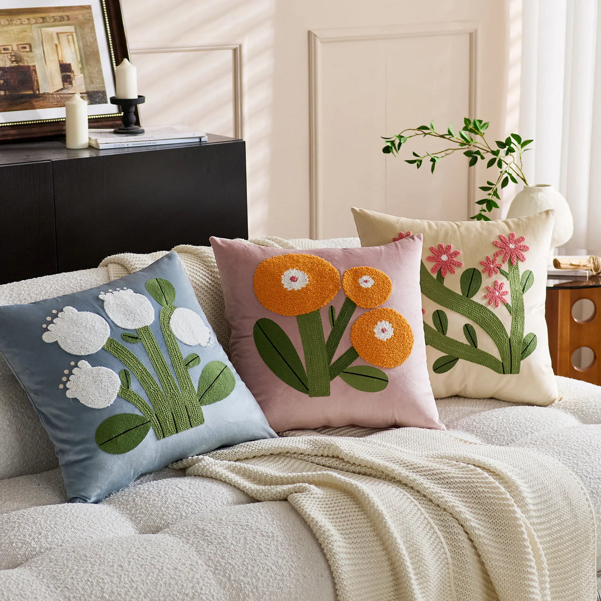 Pillow Cover Velvet Face Floral Chenille Tuft