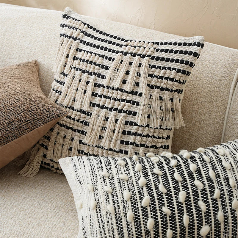 Pillow Cover Woven Cotton-Blend Hand-Tufted Tassels