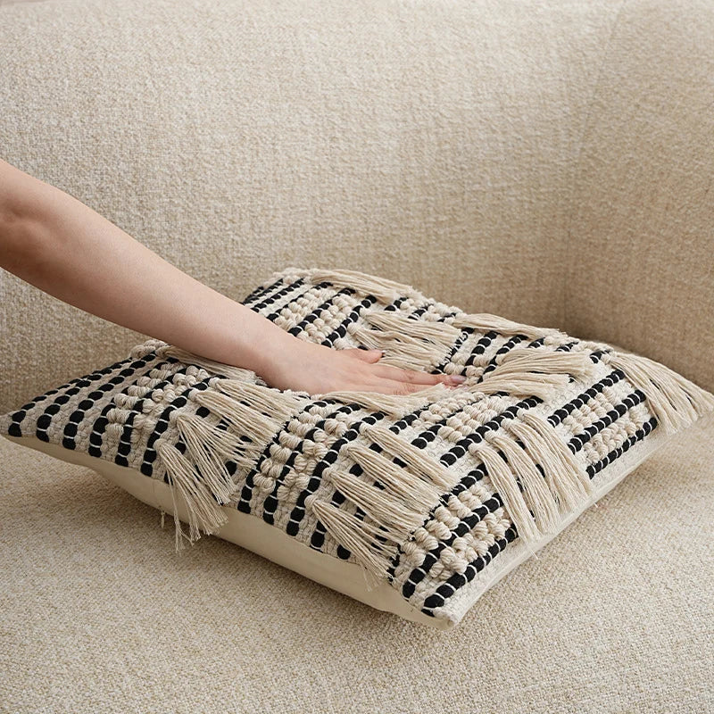 Pillow Cover Woven Cotton Blend Tiered Tassels Hidden Zipper
