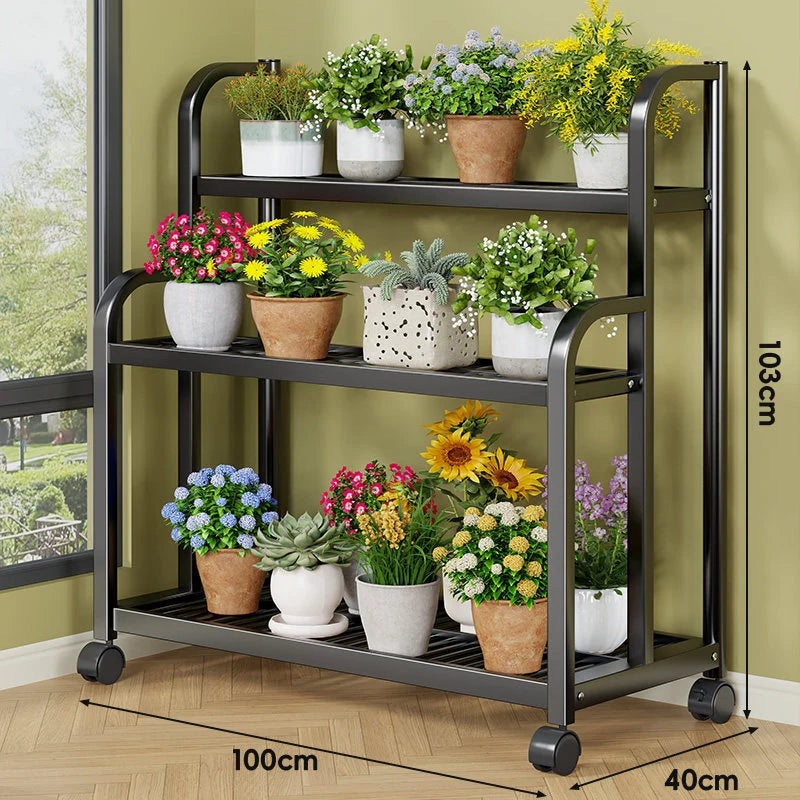Plant Stand 3-Tier Rolling Powder-Coated Steel Frame