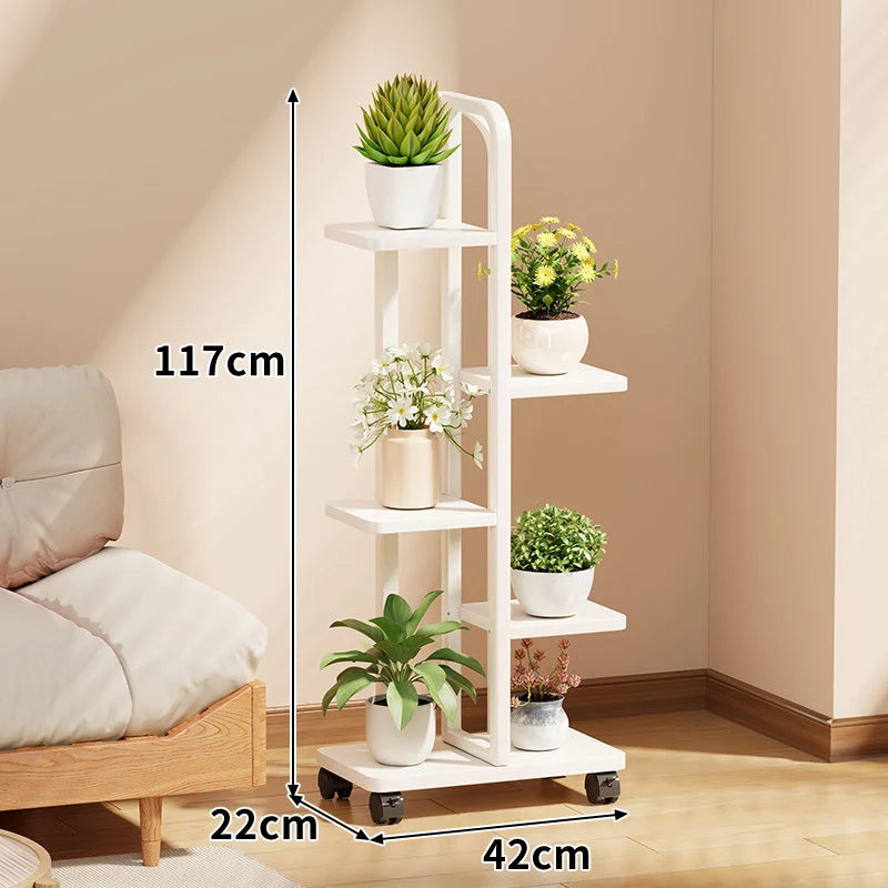 Plant Stand Rolling Vertical Tiered Wood Shelves