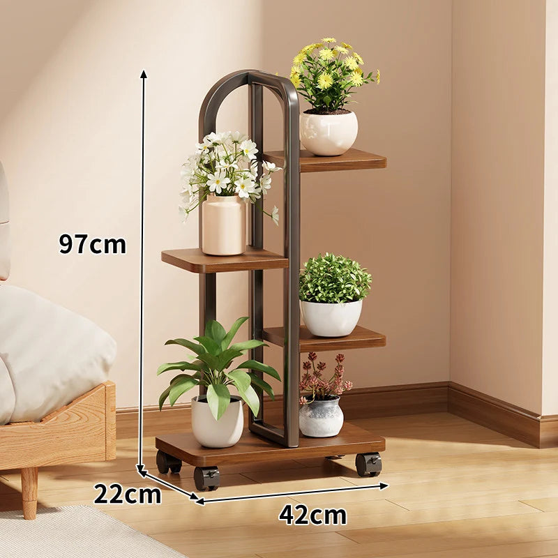 Plant Stand Rolling Vertical Tiered Wood Shelves