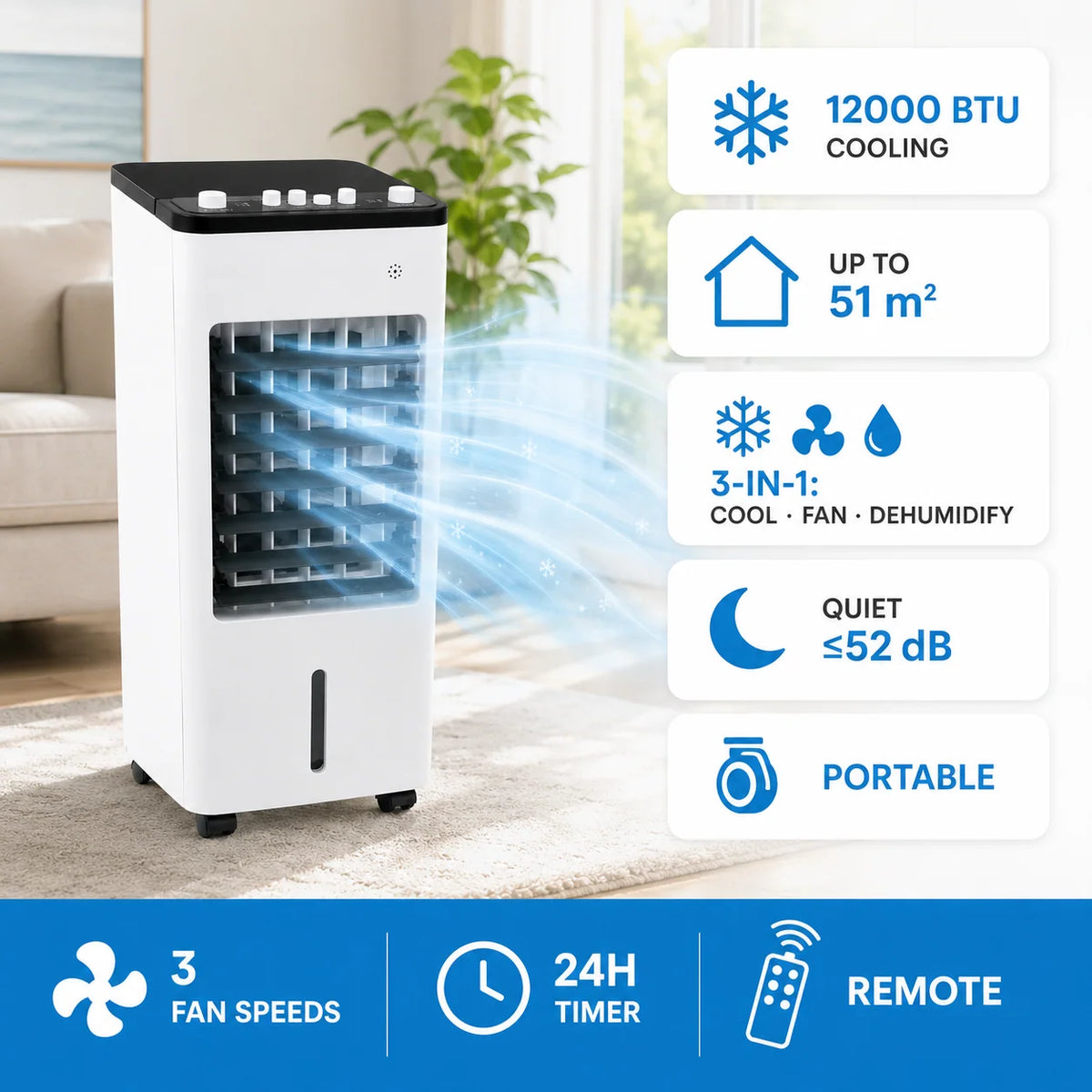 Portable Evaporative Air Cooler Fan & Humidifier With Caster Wheels