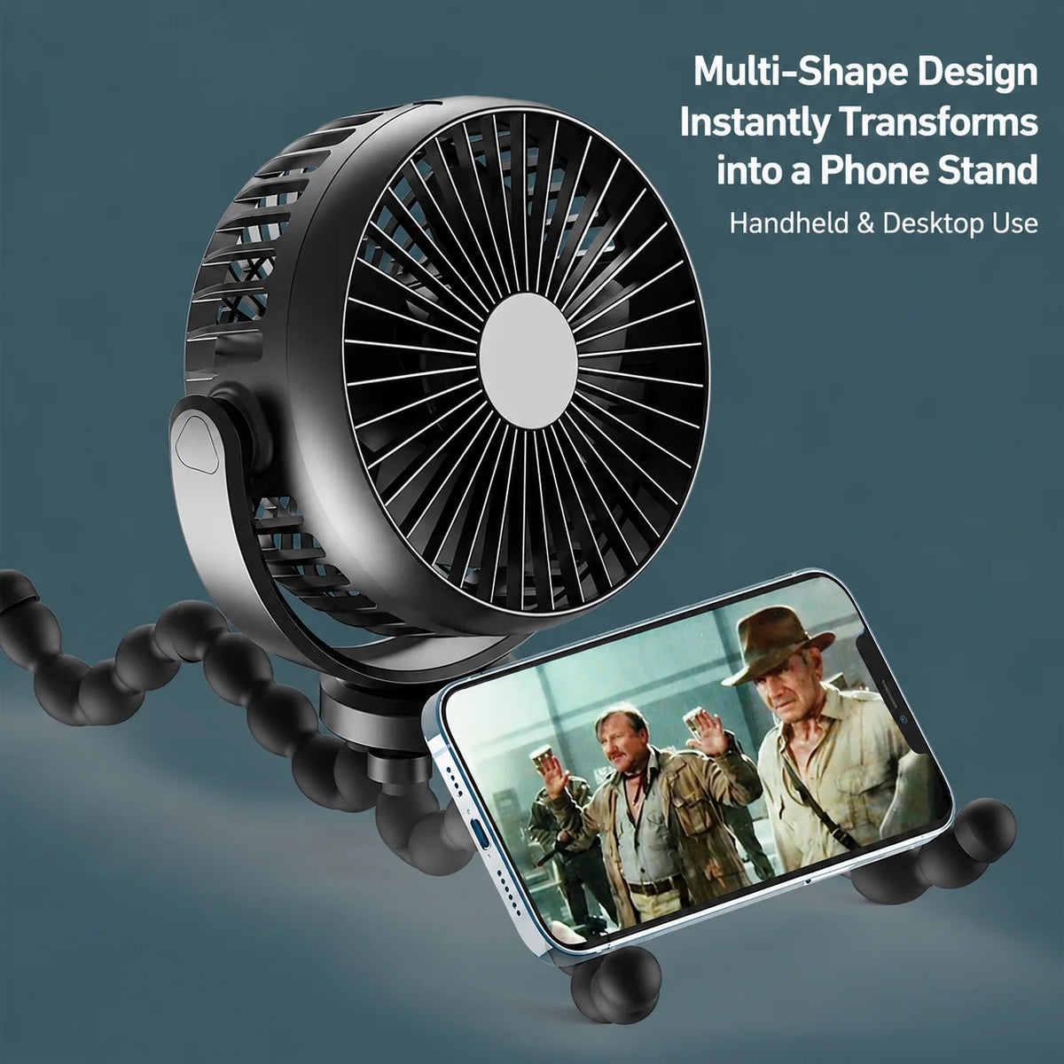 Portable Fan Flexible Tripod Legs USB-C Rechargeable Quiet Operation
