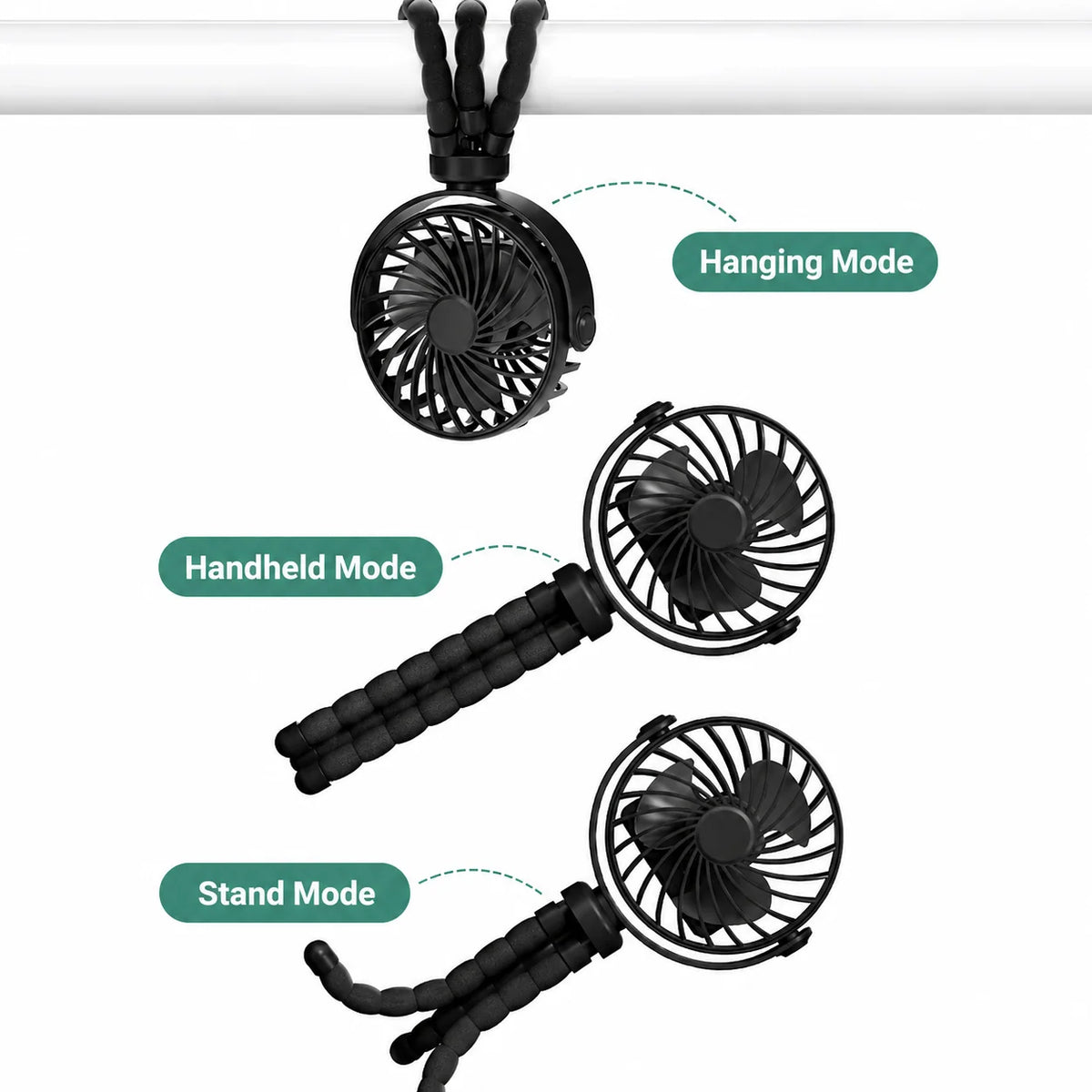 Portable Fan Flexible Tripod Legs USB-C Rechargeable Quiet Operation