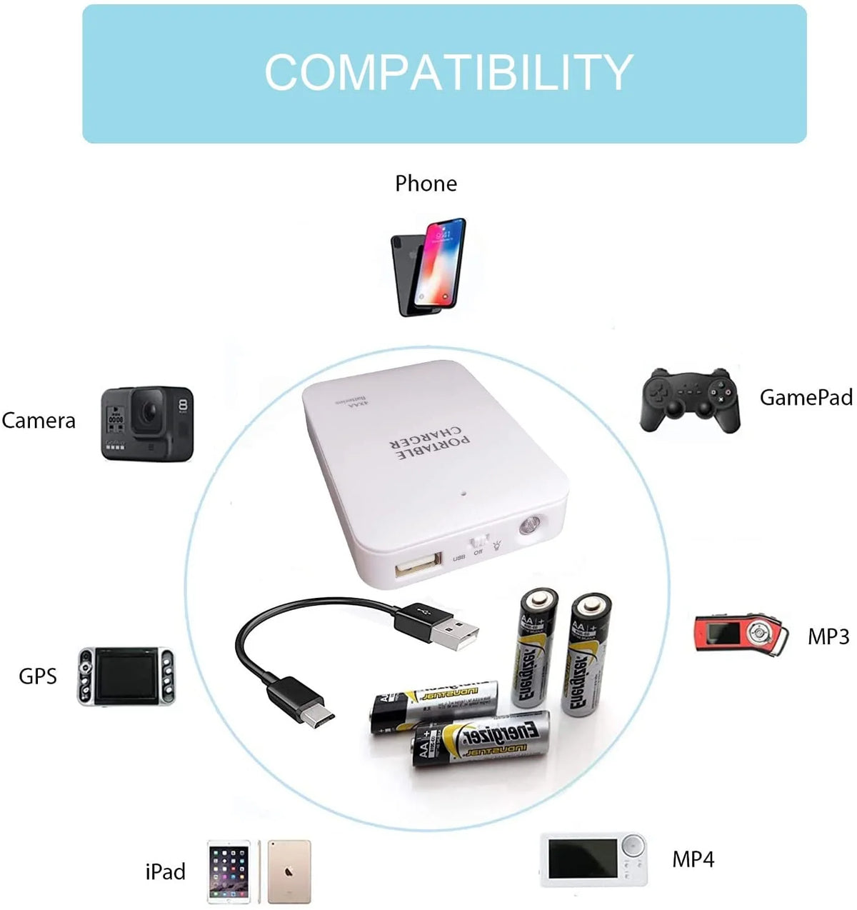 Power Bank AA Battery Powered USB Output & LED Flashlight