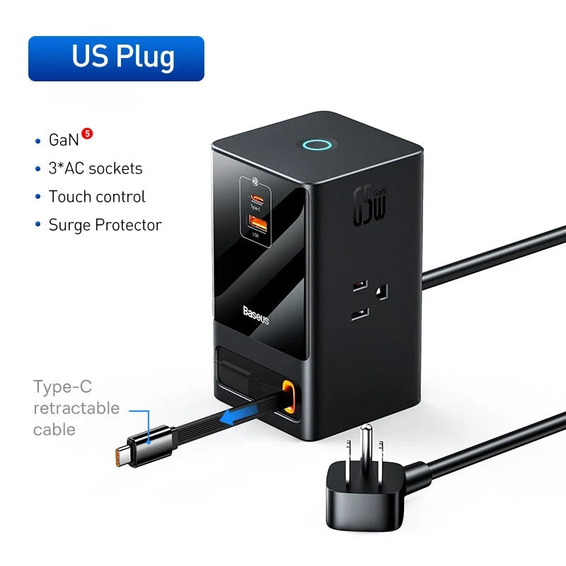 Power Strip Retractable Cable USB-C Fast Charging 65W