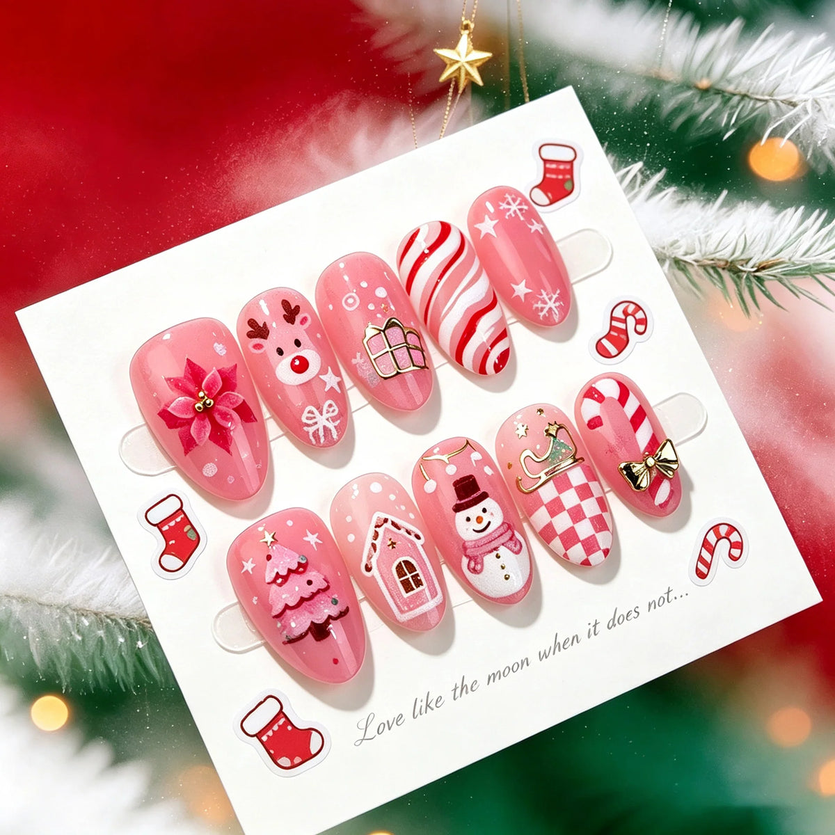 Press-On Nail Set Festive Designs & Jelly Glue