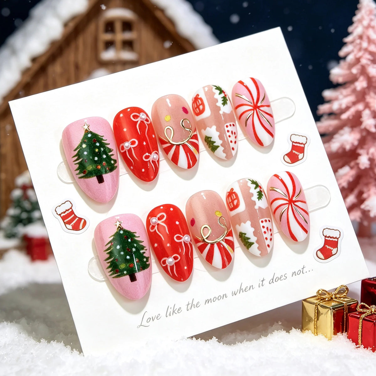 Press-On Nail Set Festive Holiday Designs Reusable