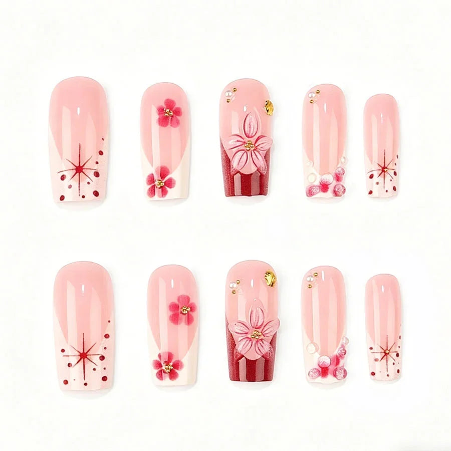 Press-On Nail Set Floral Design Premium Gel Long-Lasting