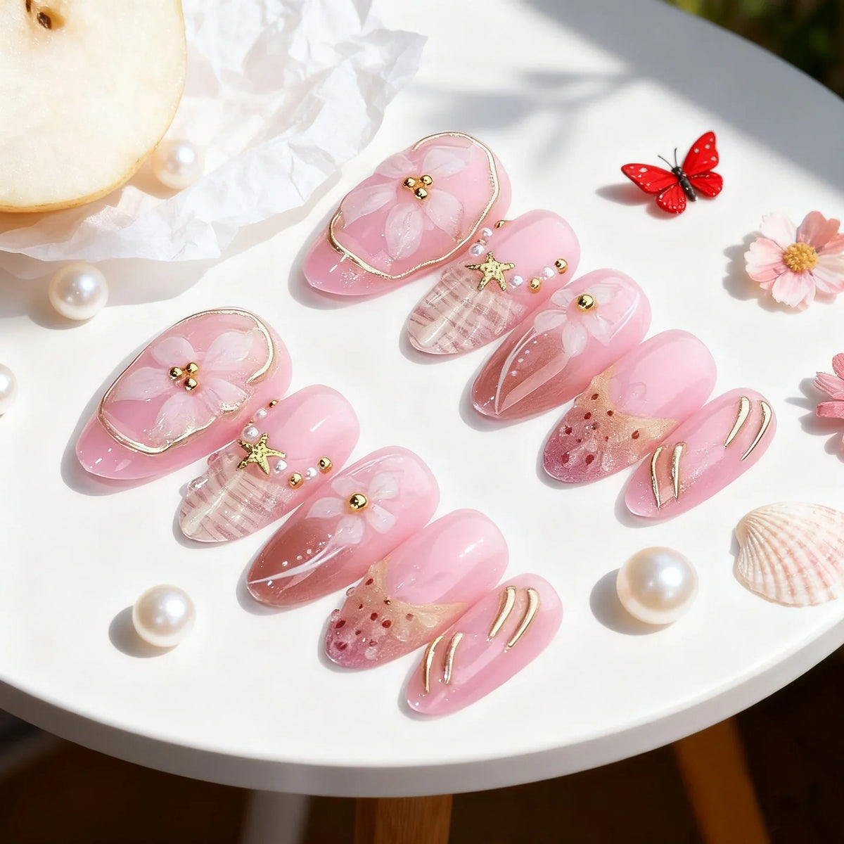 Press-On Nail Set Floral Embellished Adhesive Backing & Multiple Sizes