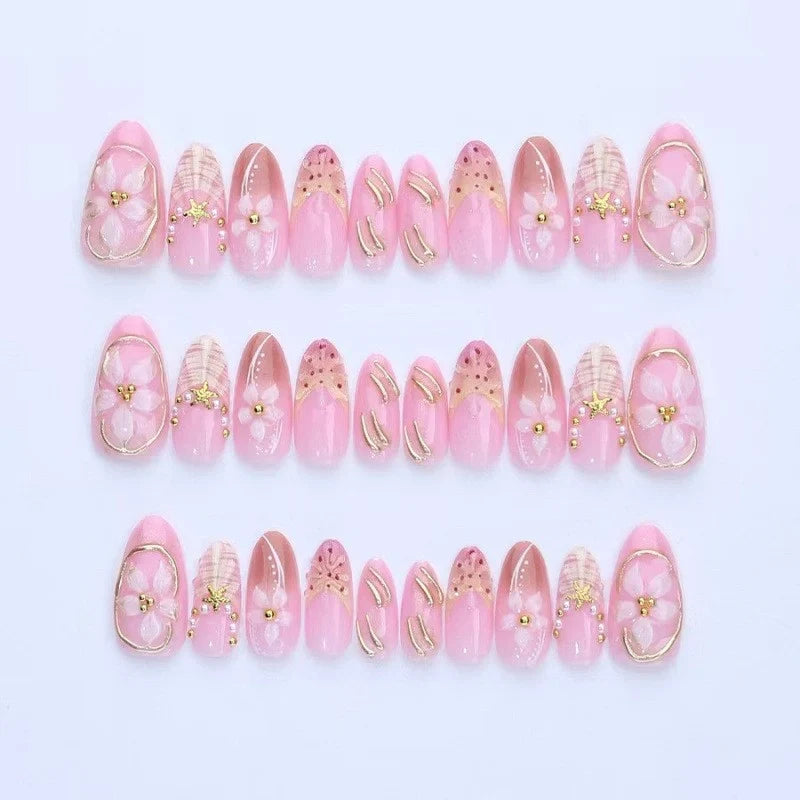 Press-On Nail Set Floral Embellished Adhesive Backing & Multiple Sizes